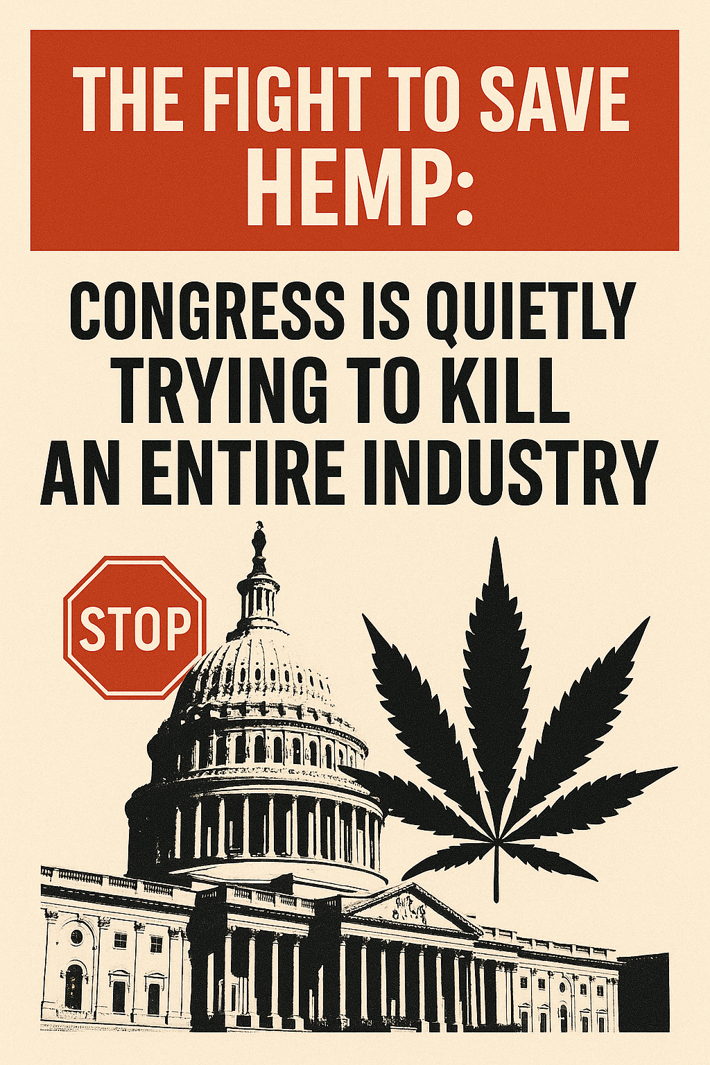 Graphic of U.S. Capitol wrapped in hemp leaves with protest signs reading “Keep Hemp Legal” and “Stop the Ban,” symbolizing opposition to Section 781 and the national hemp ban.