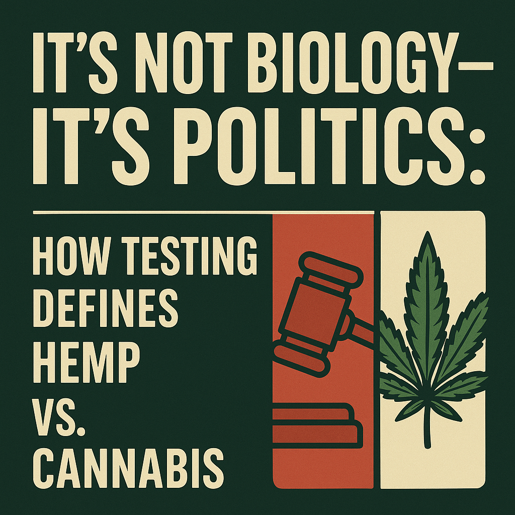 Canna Answers graphic with green branding that says: ‘It’s Not Biology — It’s Politics: How Testing Defines Hemp vs. Cannabis.