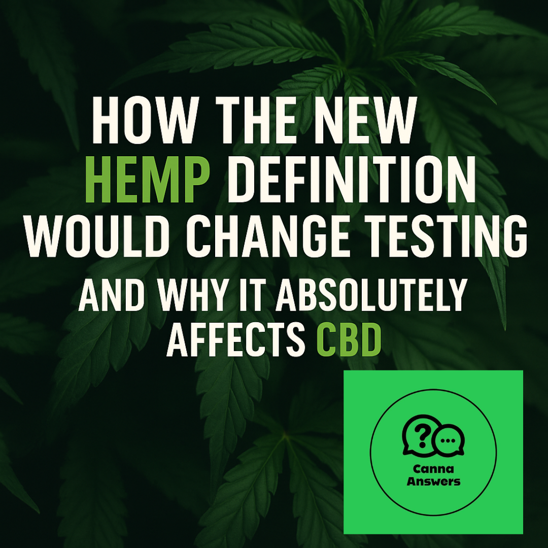 “Informational graphic with cannabis leaves in the background and bold text reading ‘How the New Hemp Definition Would Change Testing and Why It Absolutely Affects CBD,’ with an empty square space reserved for a logo.”