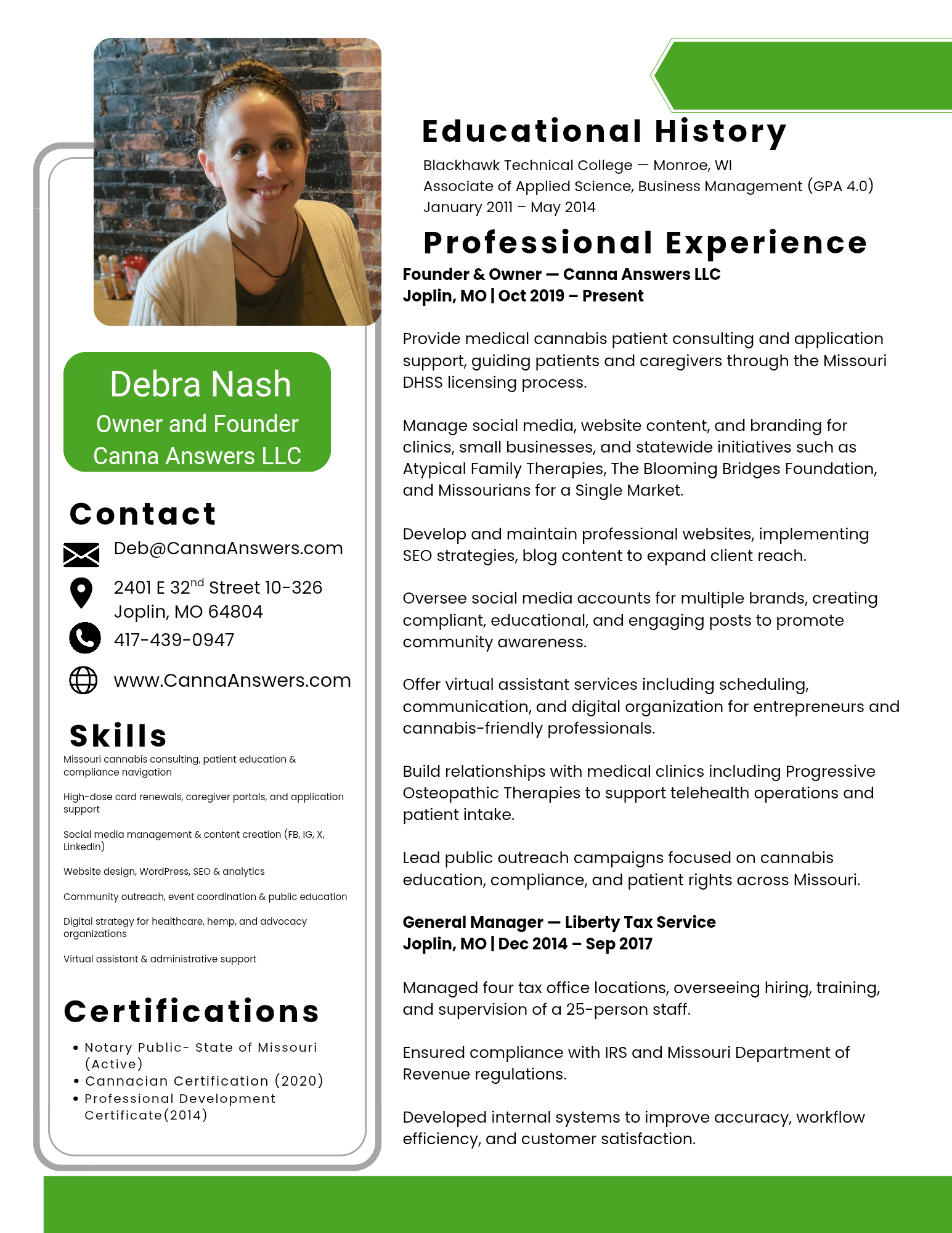 Deb Nash resume: cannabis consulting, social media management, website design, community outreach, event management, and digital strategy.