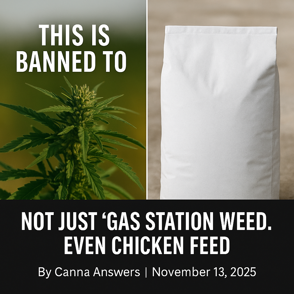 Split image showing a hemp plant on the left and a plain white chicken feed bag on the right with text reading “This Is Banned Too — Not Just ‘Gas Station Weed.’ Even Chicken Feed!