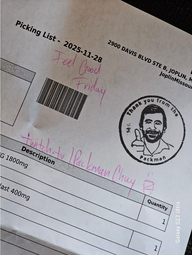 Pinnacle Hemp packing slip with a handwritten Feel Good Friday note and Packman doodle