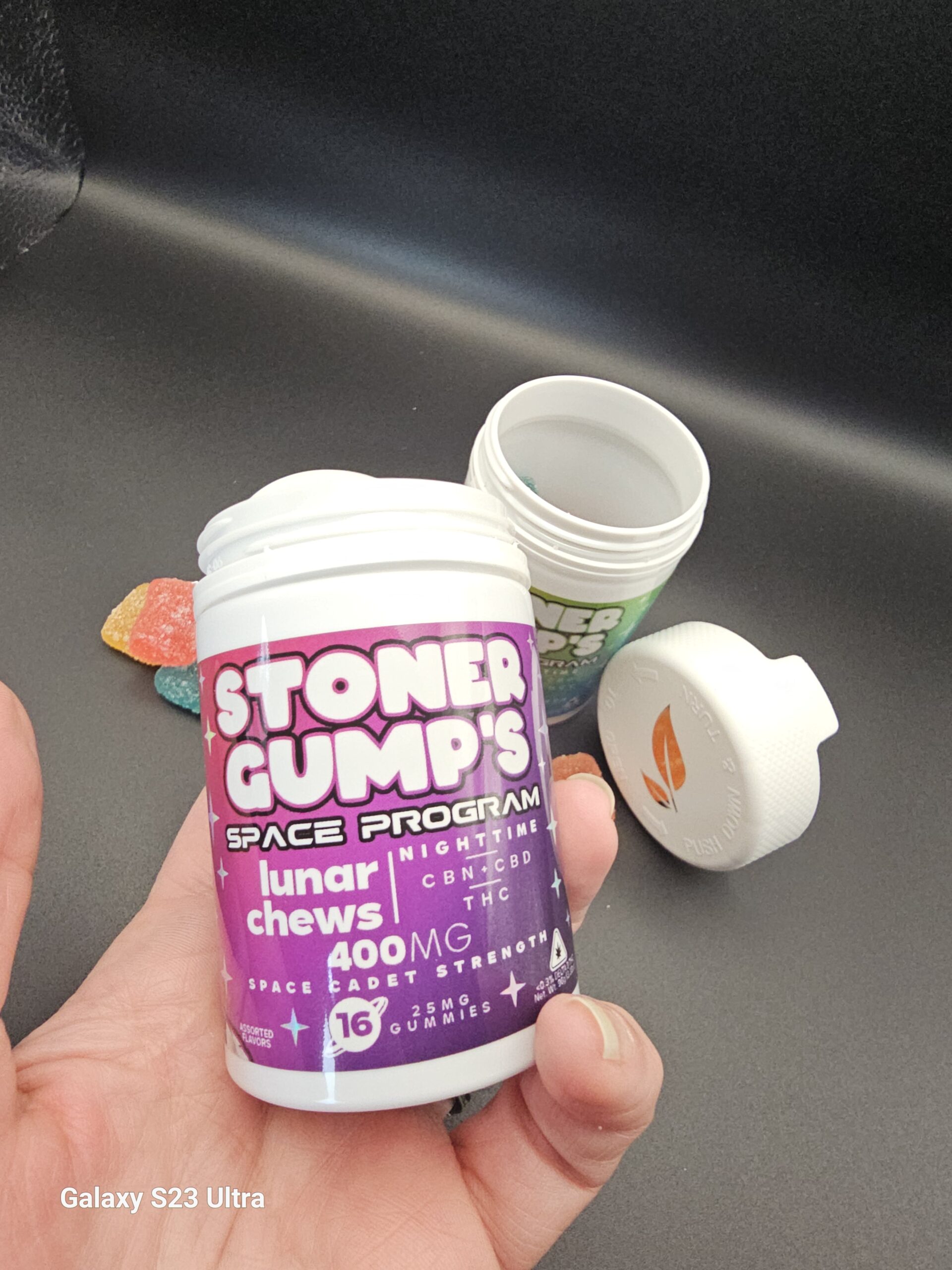 Stoner Gump Lunar Chews nighttime gummy bottle showing the front label with CBN, CBD, and THC blend