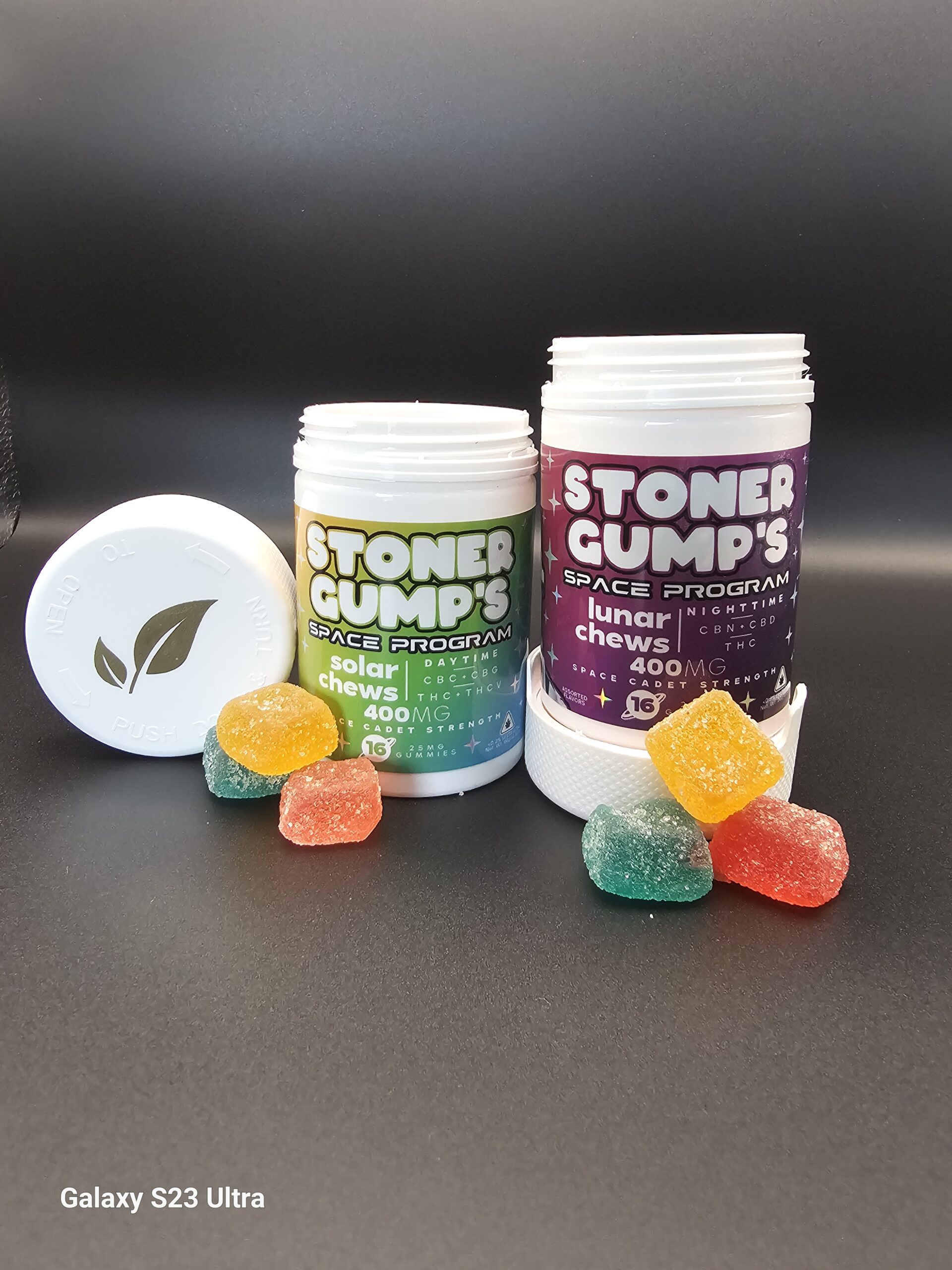 Stoner Gump Solar and Lunar Chews bottles side by side showing daytime and nighttime hemp edible formulas
