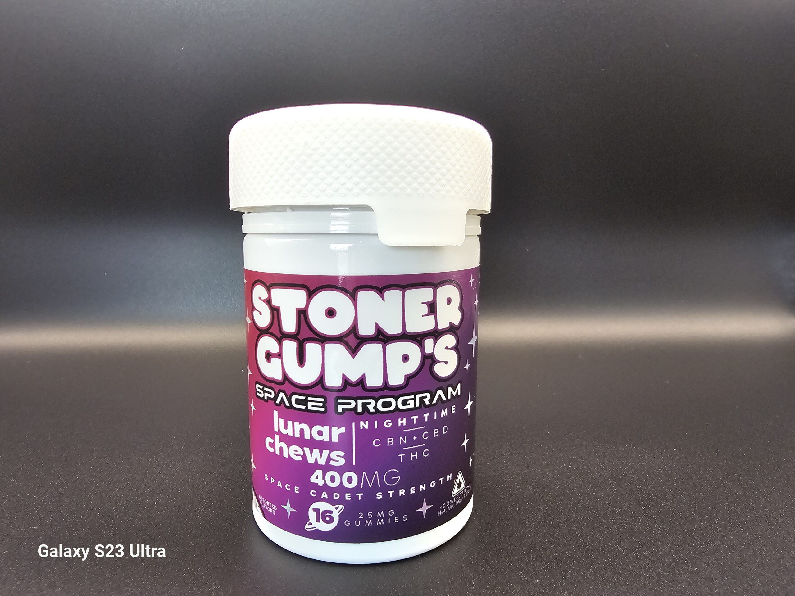 Back label of Stoner Gump Lunar Chews showing the cannabinoid panel with THC, CBD, and CBN amounts per gummy