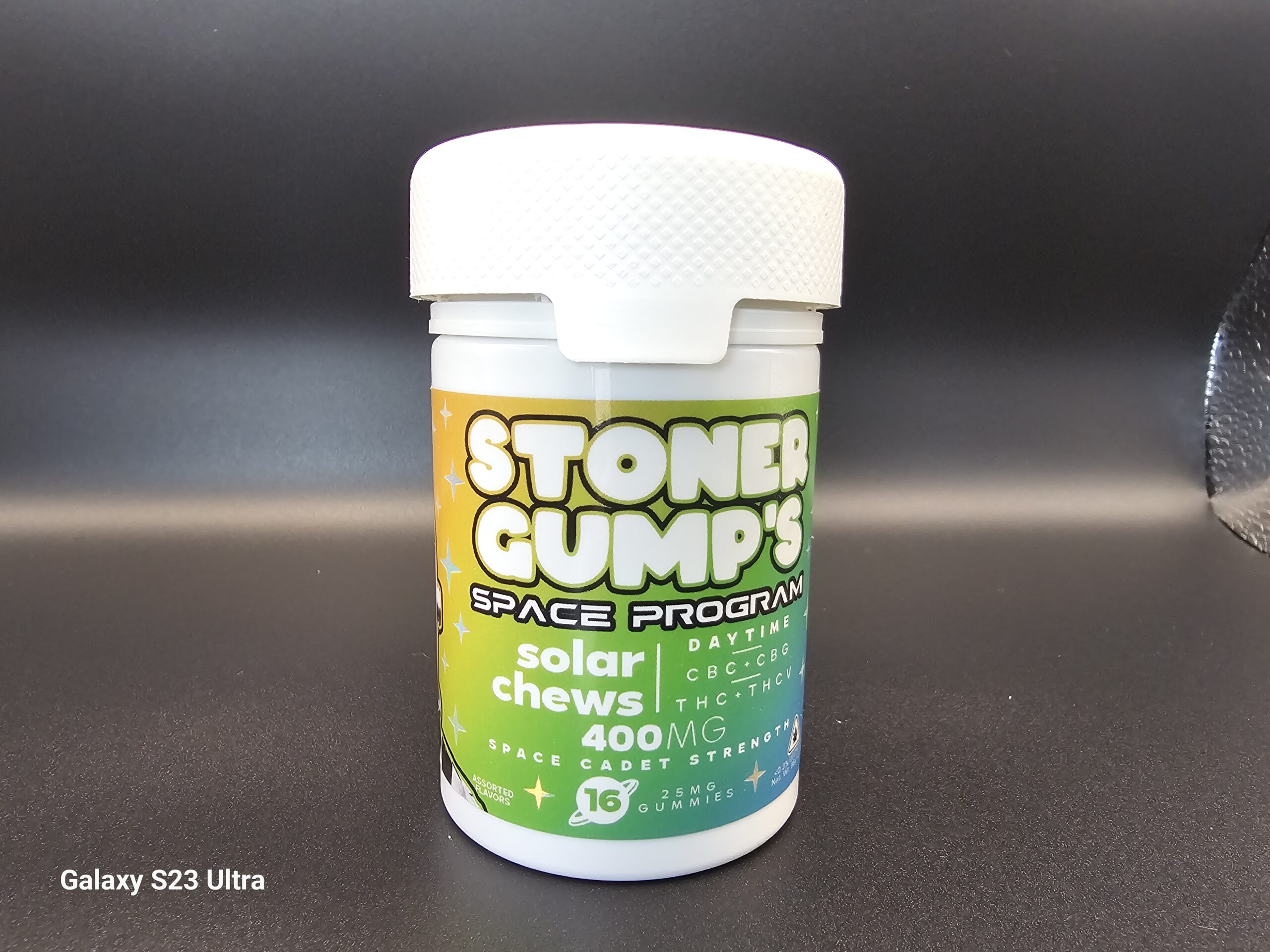 Stoner Gump Solar Chews daytime gummy bottle showing front label with THC, THCV, CBC, and CBG
