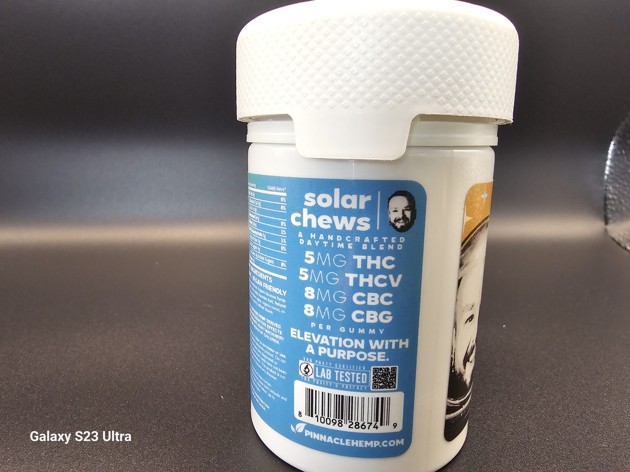 Back label of Stoner Gump Solar Chews showing cannabinoid amounts per gummy including THC, THCV, CBC, and CBG