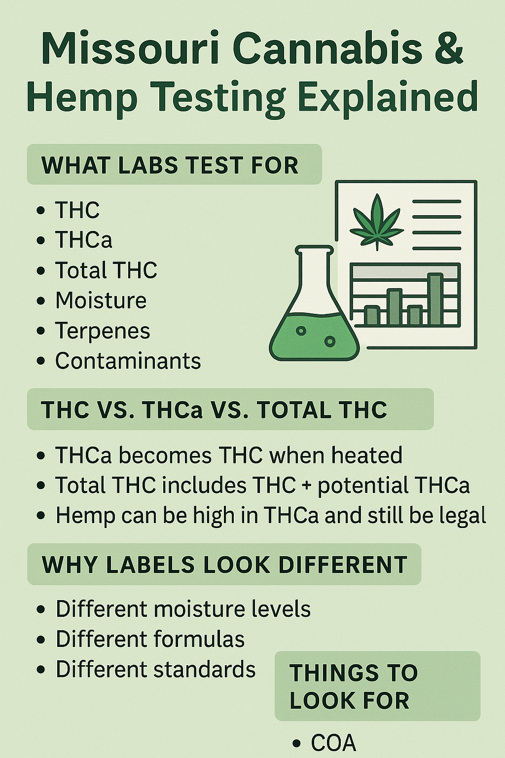 Graphic titled ‘Missouri Cannabis & Hemp Testing Explained,’ showing what labs test for, including THC, THCa, total THC, moisture, terpenes, and contaminants. It explains the difference between THC, THCa, and total THC, and lists reasons why product labels differ. Includes an illustration of a beaker, bar chart, and cannabis leaf.