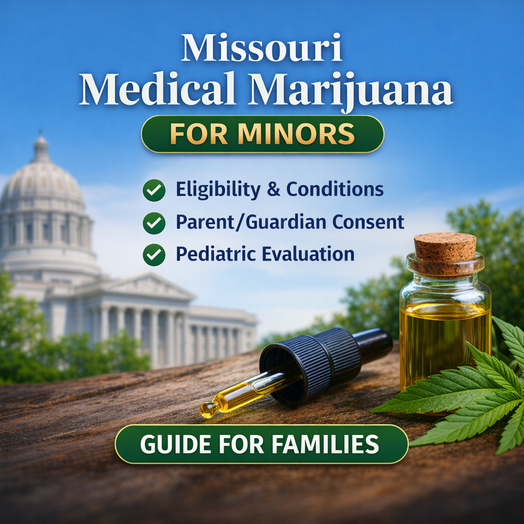 Missouri medical marijuana for minors graphic guide explaining qualifications, parent consent, and special application requirements.
