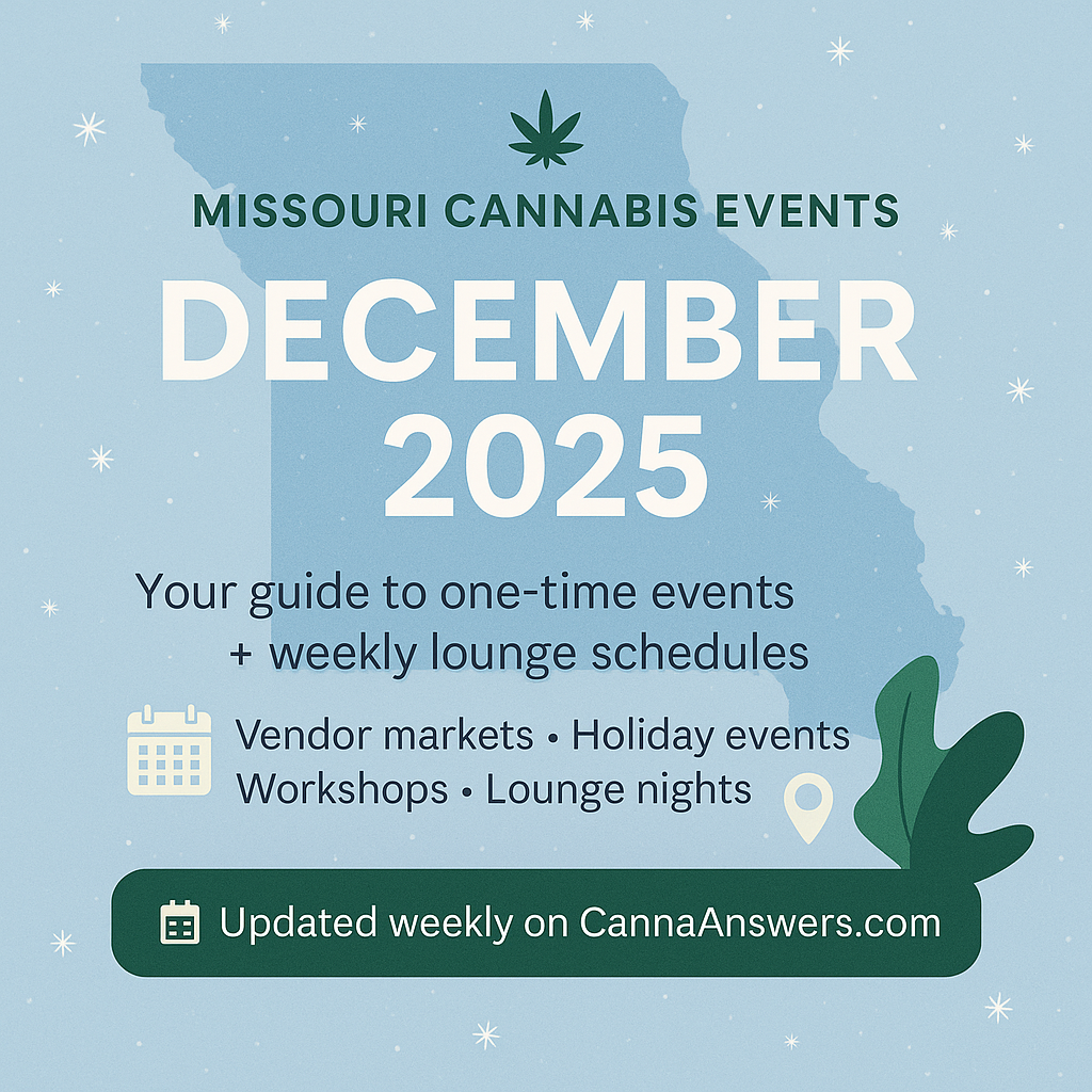 Graphic showing “Missouri Cannabis Events — December 2025” with a winter theme, highlighting one-time events and weekly lounge schedules available across Missouri.