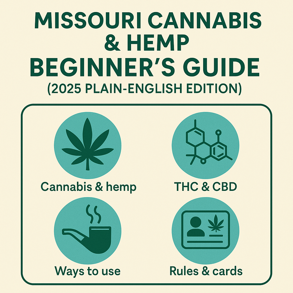 Infographic titled ‘Missouri Cannabis & Hemp Beginner’s Guide (2025 Plain-English Edition)’ with four icons labeled Cannabis & hemp, THC & CBD, Ways to use, and Rules & cards.