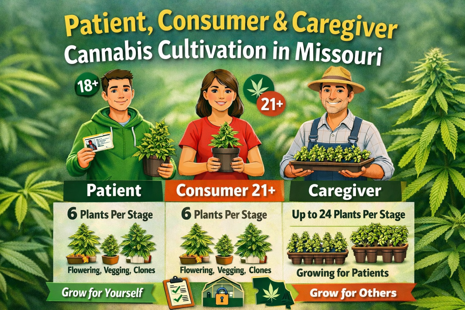 Missouri cannabis home cultivation rules showing patient, consumer, and caregiver plant limits and age requirements