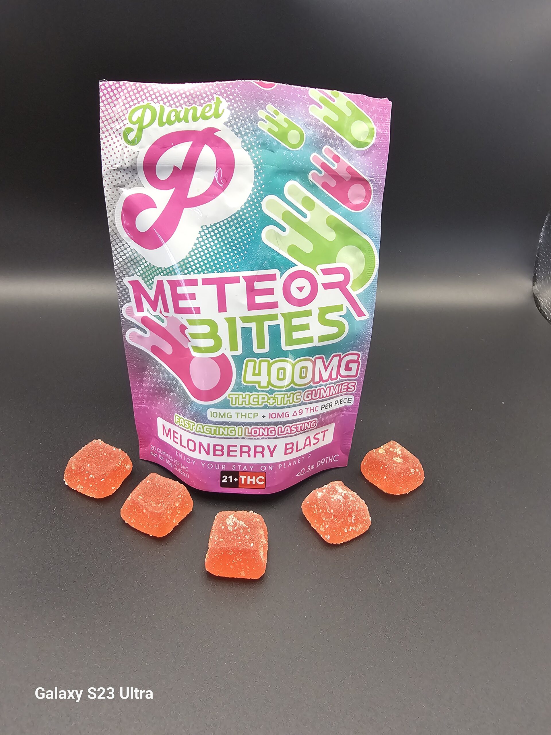 Planet P Meteor Bites THCP gummies with packaging and individual gummies displayed for educational review