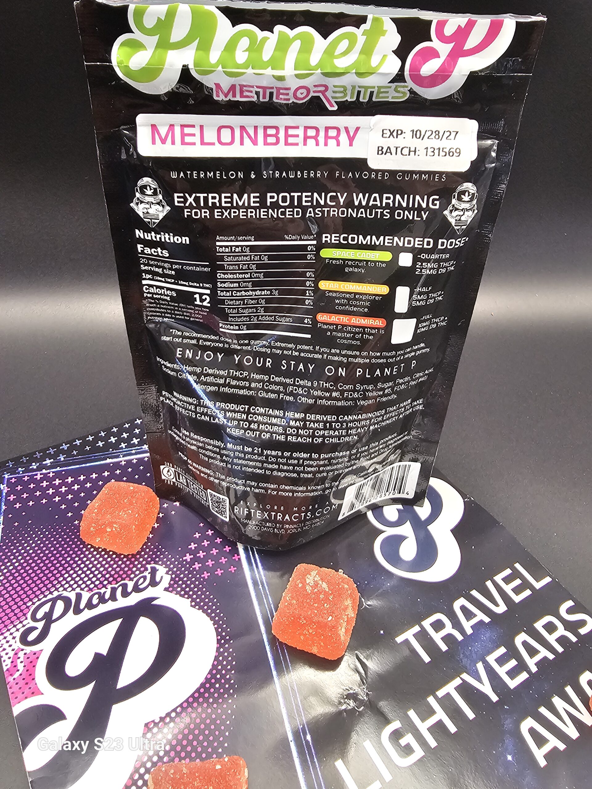 Back label of Planet P Meteor Bites THCP gummies showing potency warnings and recommended dosing