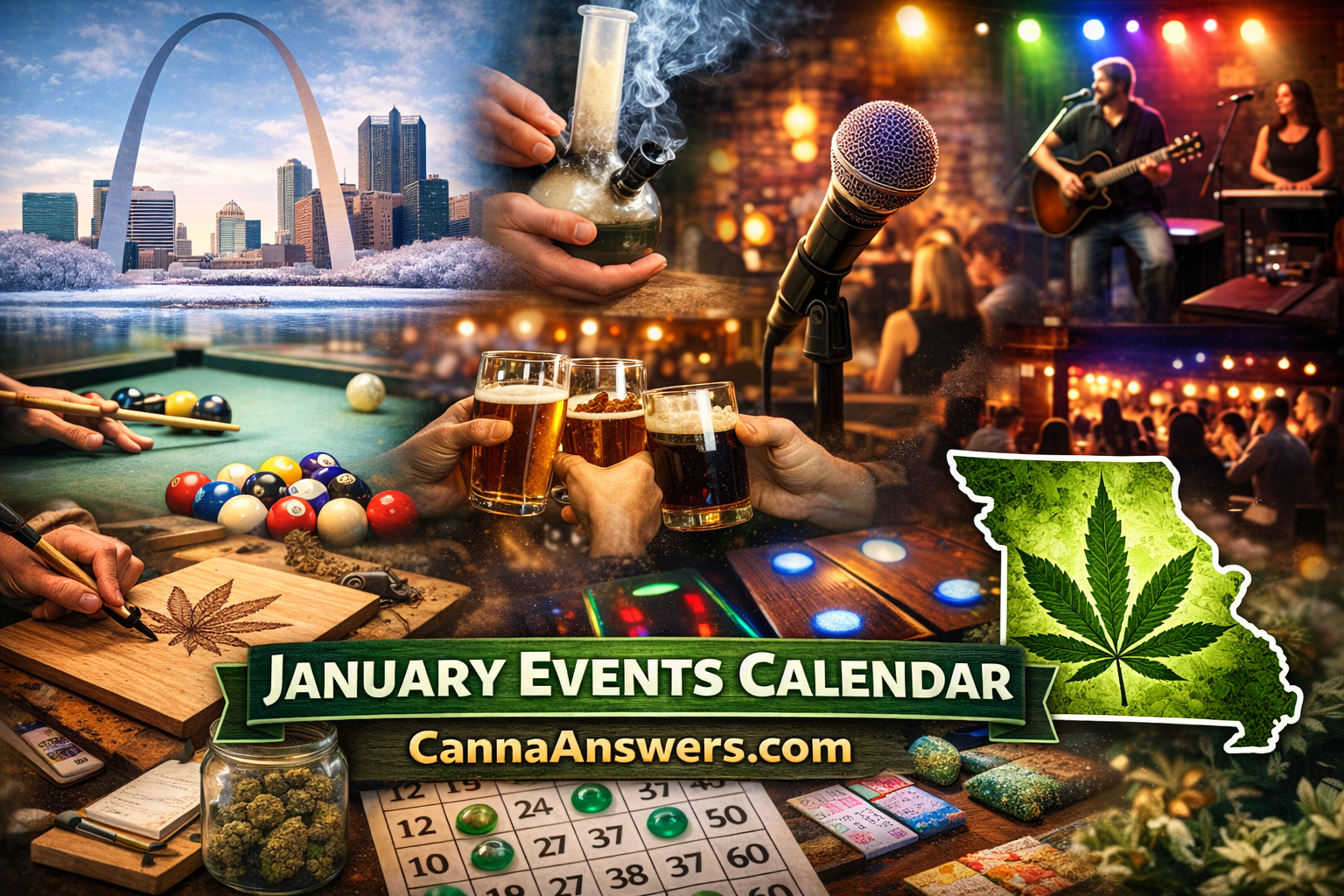January Missouri cannabis events calendar graphic featuring statewide cannabis-friendly events, venues, and community gatherings hosted across Missouri by Canna Answers.