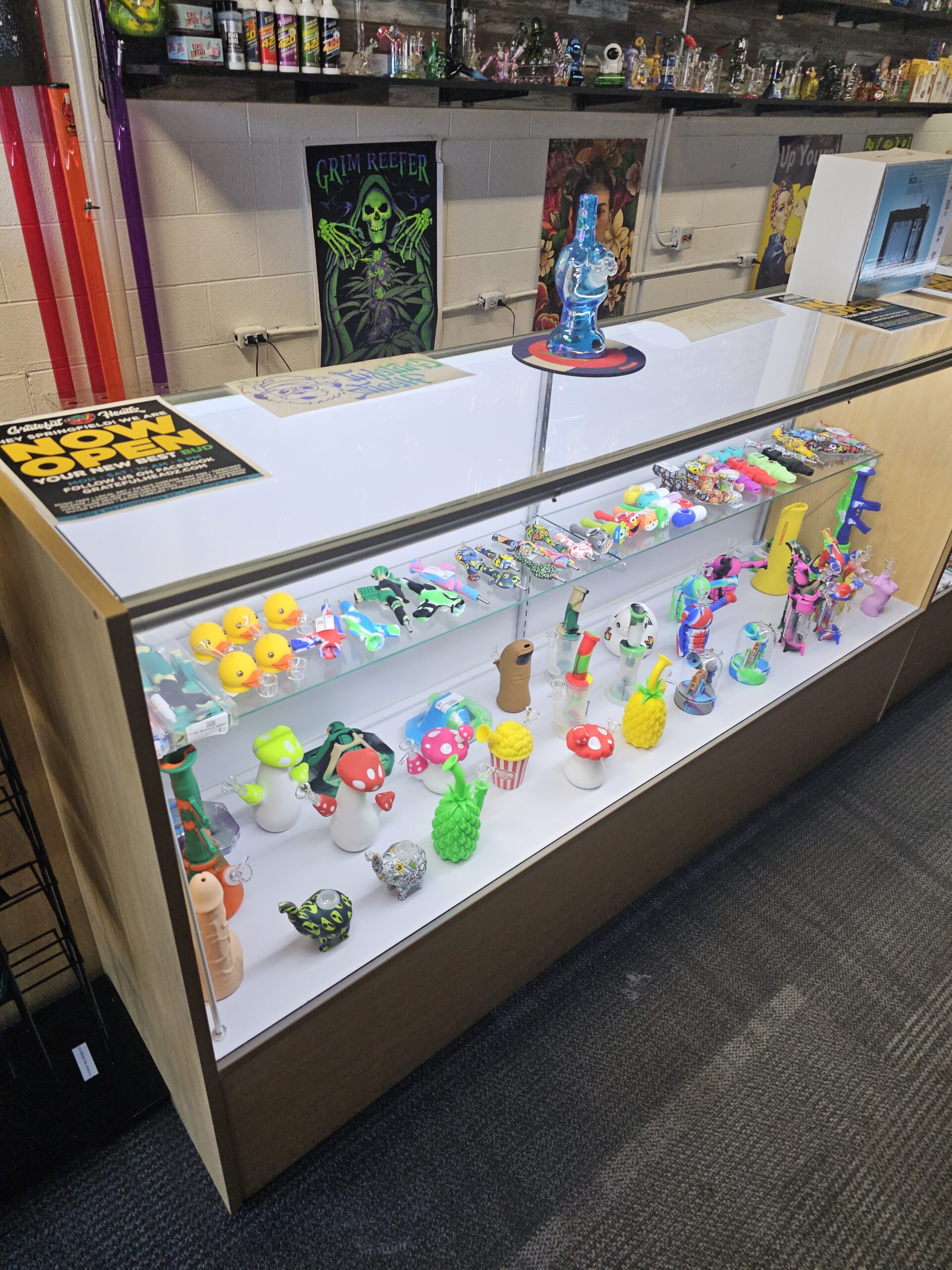 Close-up of product selection and displays at Grateful Headz Springfield