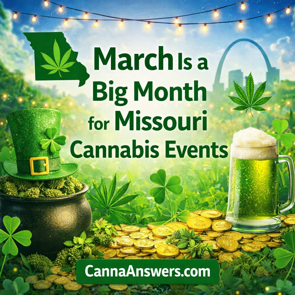 March is a big month for Missouri cannabis events graphic featuring St. Louis skyline, green beer, shamrocks, and cannabis leaves promoting CannaAnswers.com.