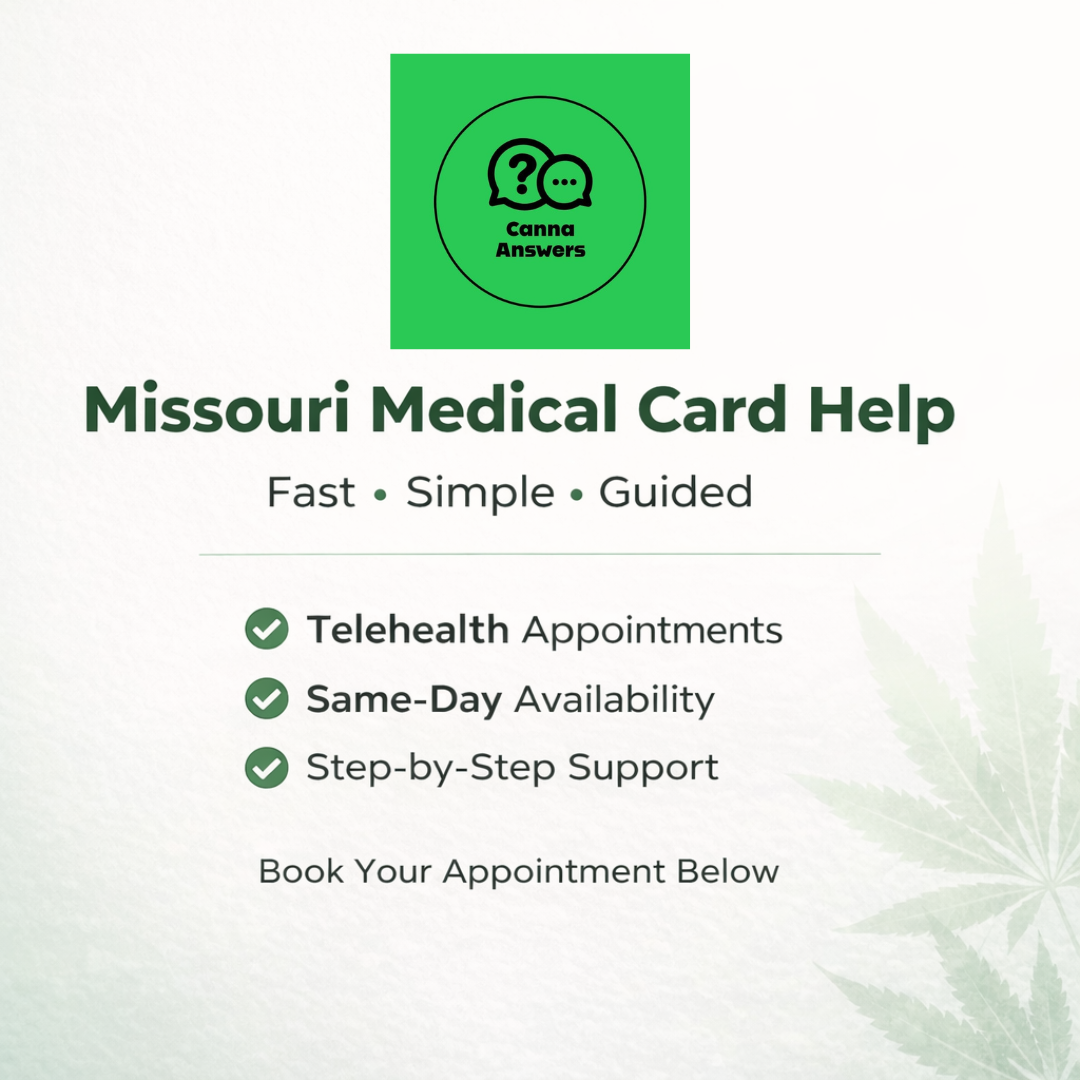 Canna Answers graphic for Missouri medical card help with logo placeholder, telehealth benefits, and booking message.