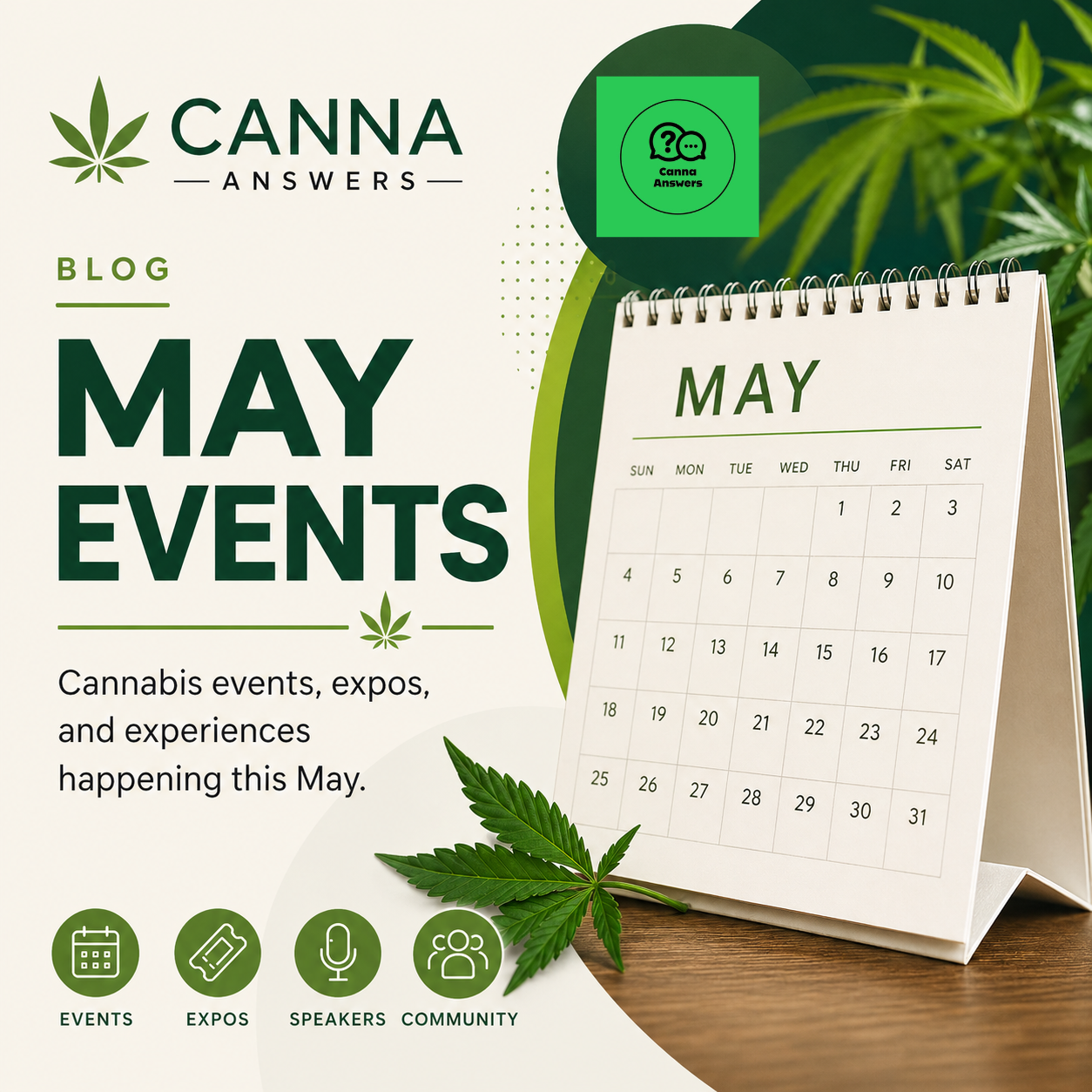 May cannabis events blog graphic for Canna Answers featuring a May calendar and cannabis leaf design.