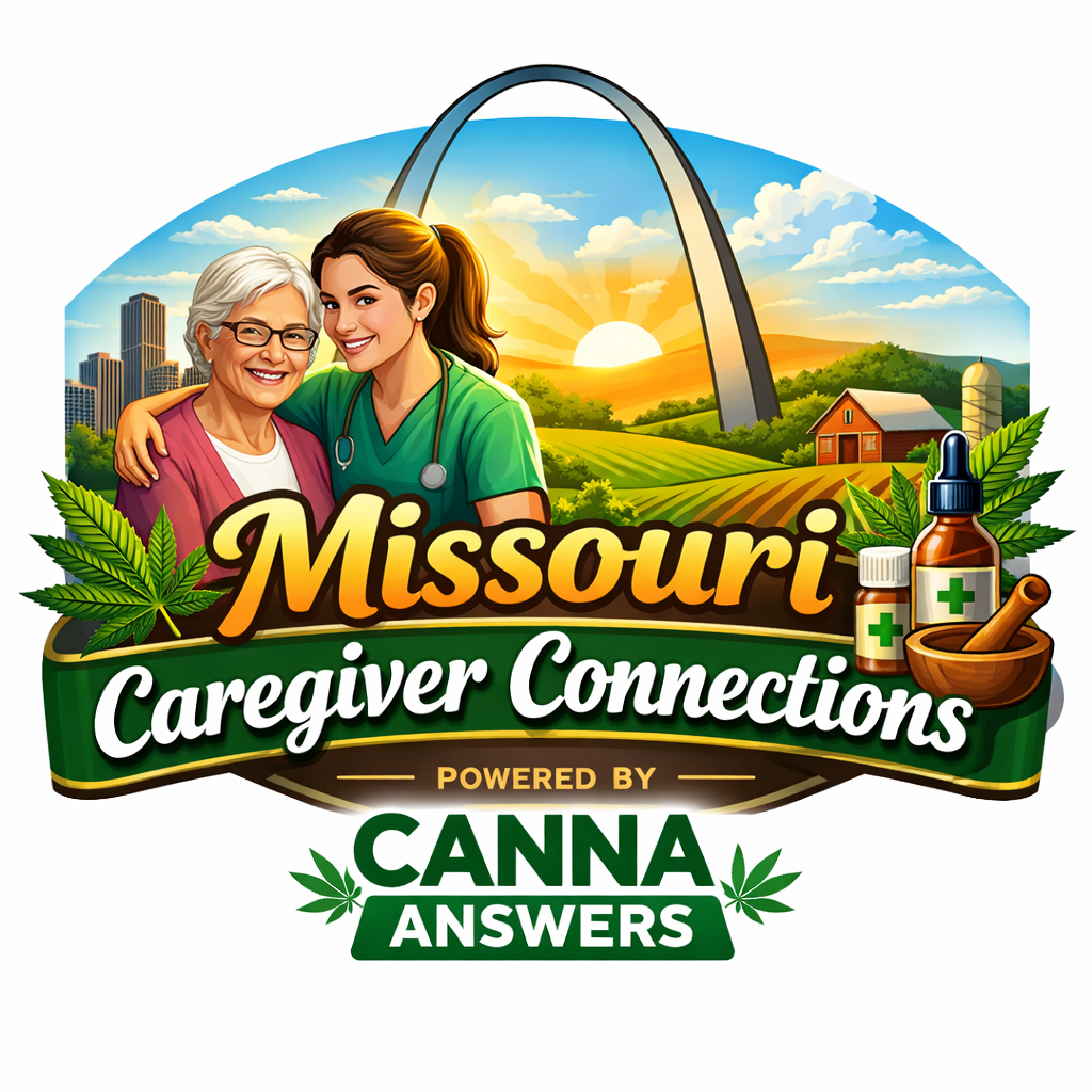 Missouri Caregiver Connections powered by Canna Answers graphic featuring caregiver support, Missouri imagery, and medical cannabis elements