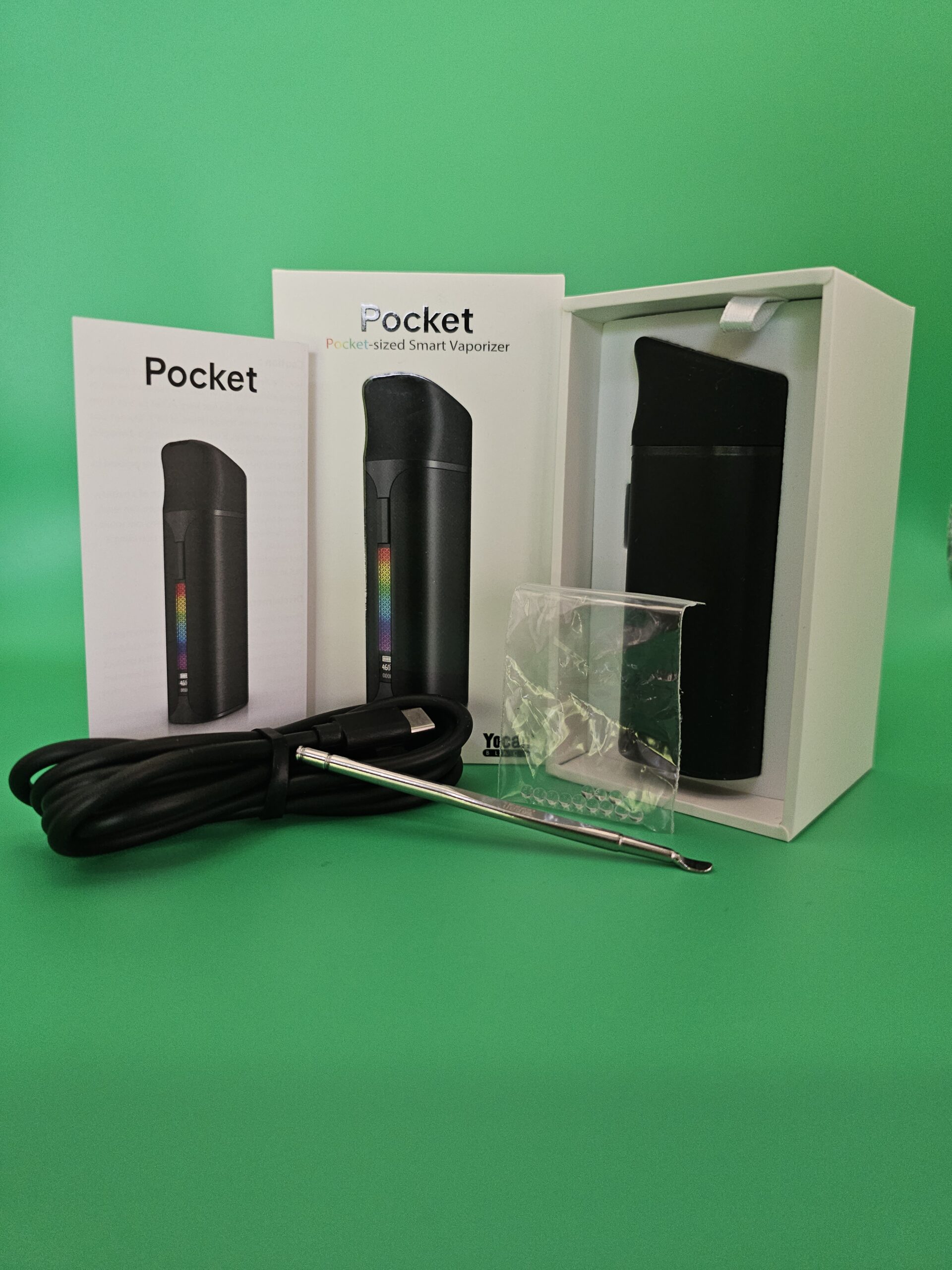 Yocan Pocket smart vaporizer with packaging and dab tool.