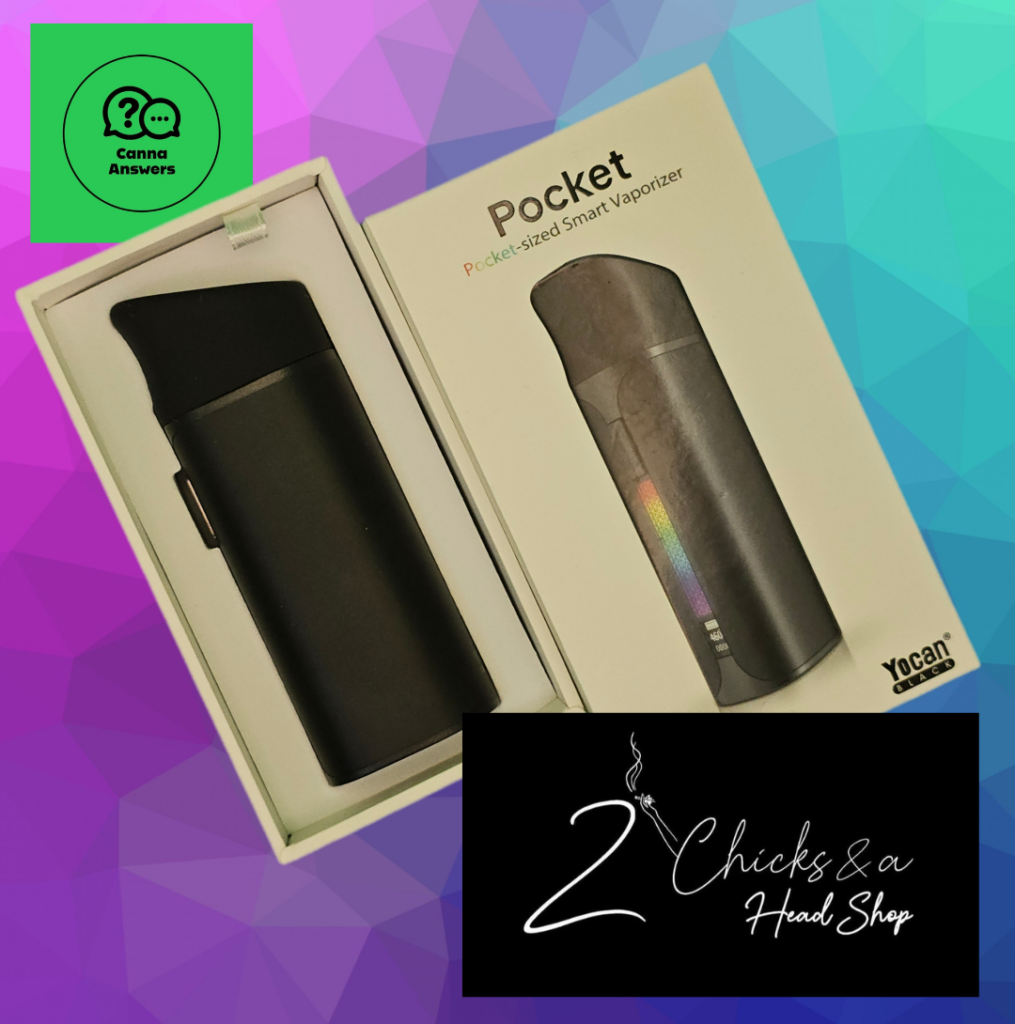 Yocan Pocket smart vaporizer with packaging and Two Chicks and a Head Shop logo.