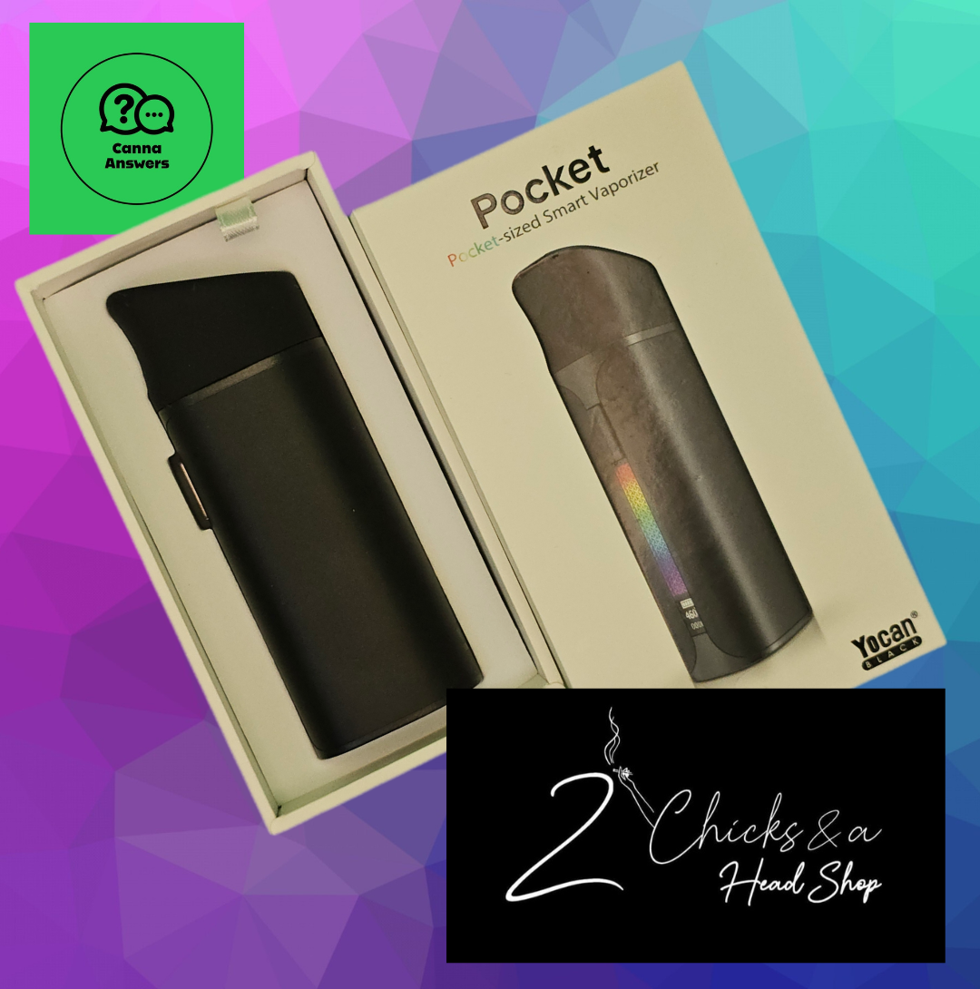 Yocan Pocket smart vaporizer with packaging and Two Chicks and a Head Shop logo.
