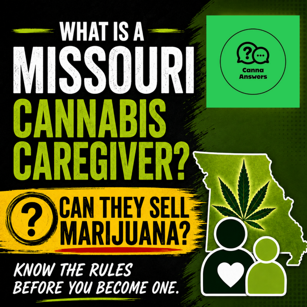 Graphic asking what a Missouri cannabis caregiver is and whether caregivers can sell marijuana, with a Missouri outline and caregiver-patient icons.