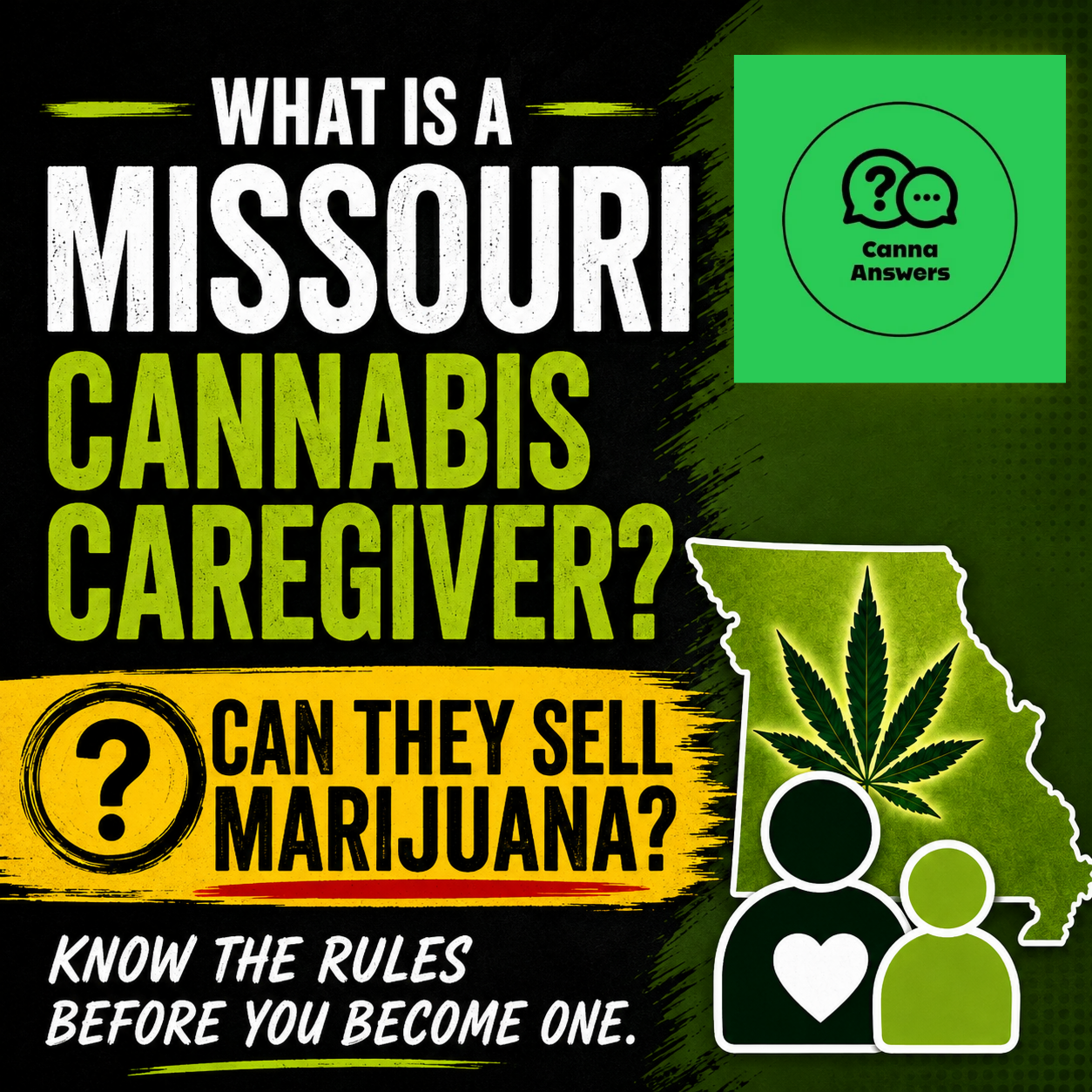 Graphic asking what a Missouri cannabis caregiver is and whether caregivers can sell marijuana, with a Missouri outline and caregiver-patient icons.